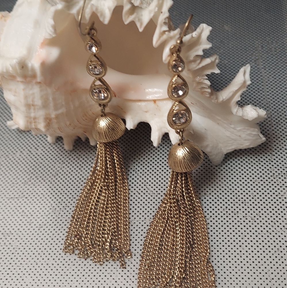Runway high fashion 4 inch gold tassel  earrings rhinestones